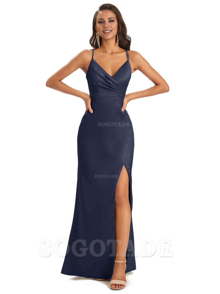 Soft Satin Side Slit Spaghetti Straps Long Unique Mermaid Bridesmaid Dresses Elegant Evening Party Dress