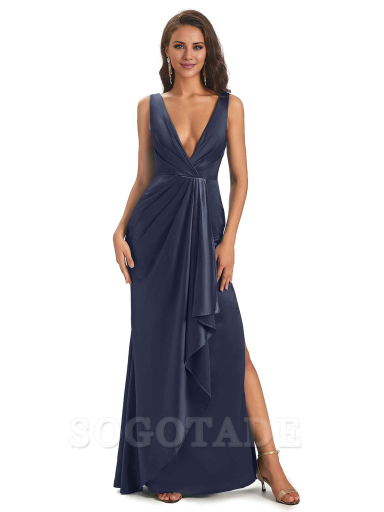 Sexy Satin V-Neck Floor-Length Long Bridesmaid Dresses with Side Slit Elegant Evening Party Dress