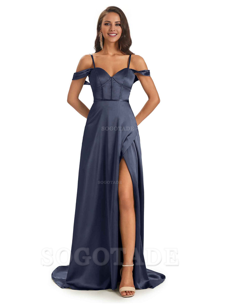 Stylish Soft Satin Side Slit Spaghetti Straps Bridesmaid Dresses Elegant Evening Party Dress