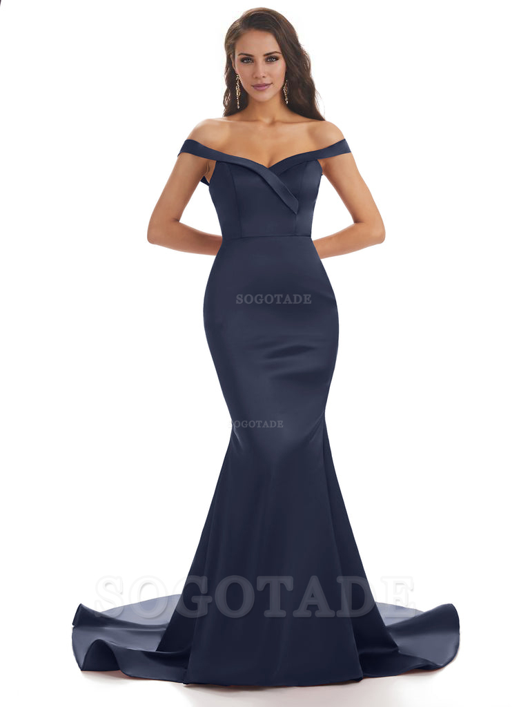 Elegant Off The Shoulder Soft Satin Mermaid Long Bridesmaid Dresses Charming Evening Party Dress