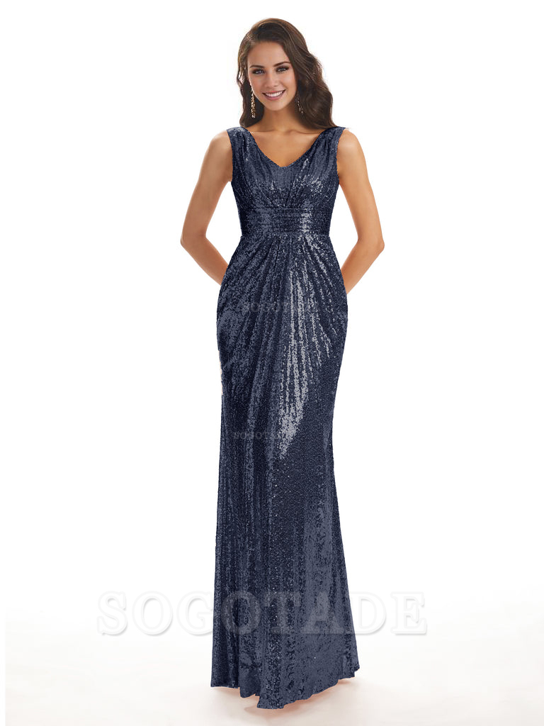 Sparkly V-Neck Sequin Long Mermaid Bridesmaid Dresses Sleeveless Charming Evening Party Dress