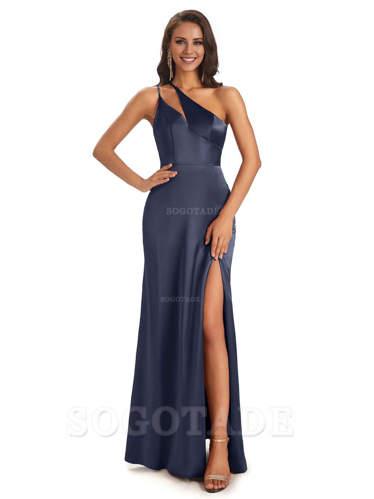 Sexy Soft Satin Side Slit One Shoulder Floor-Length Mermaid Long Bridesmaid Dresses Elegant Evening Party Dress