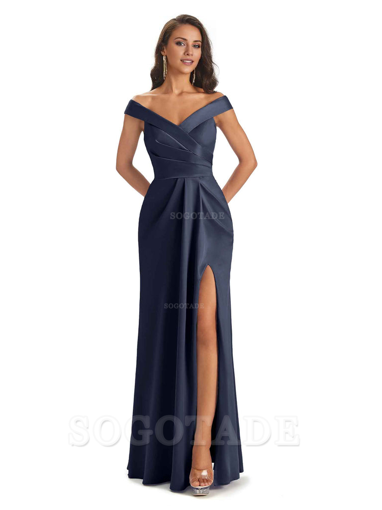 Sexy Soft Side Slit Off Shoulder V-Neck Long Satin Ladies Bridesmaid Dresses Elegant Evening Party Dress