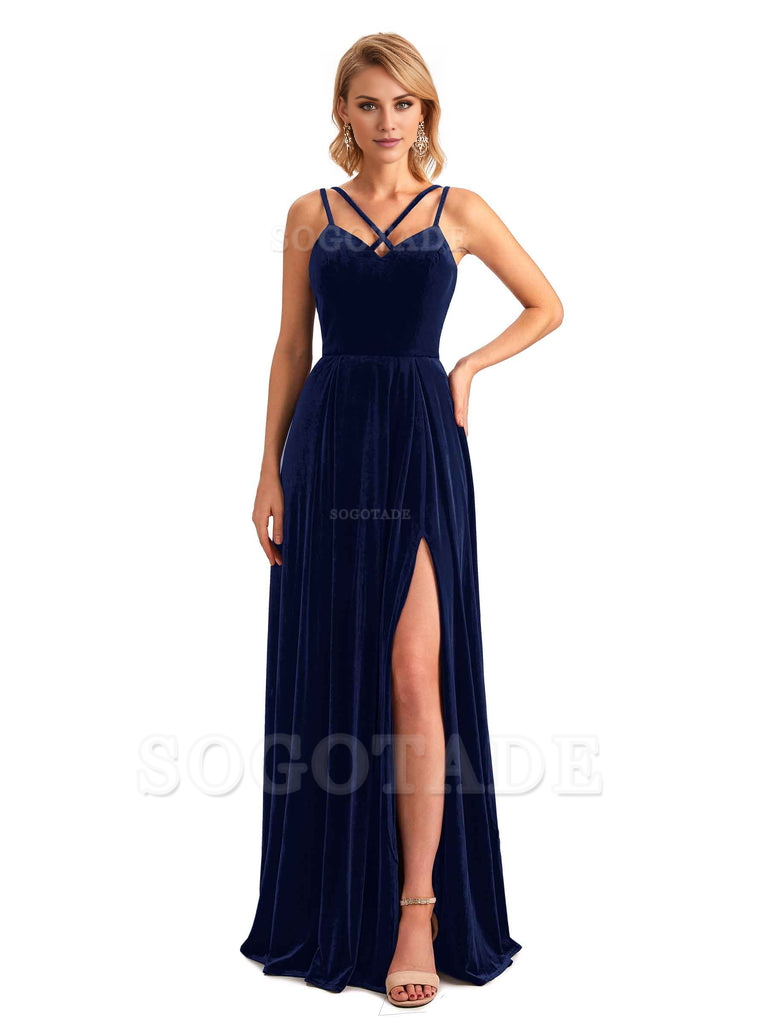 Sexy Side Slit Spaghetti Straps Unique Velvet Long Bridesmaid Dresses Online