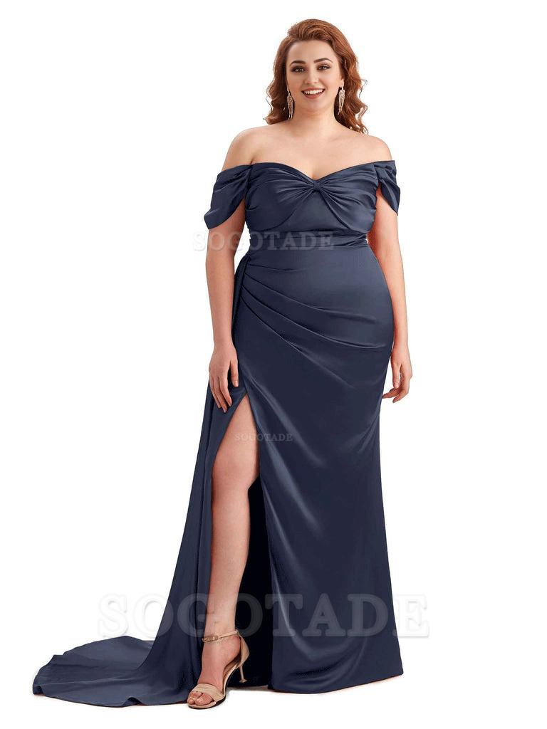  Sexy Side Slit Off The Shoulder Mermaid Soft Satin Long Plus Size Bridesmaid Dress For Wedding