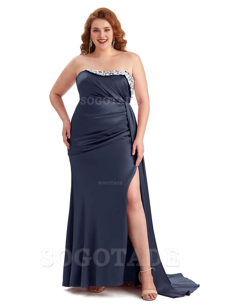 Sexy Side Slit Strapless Mermaid Lace Soft Satin Long Plus Size Maid of Honor Dresses