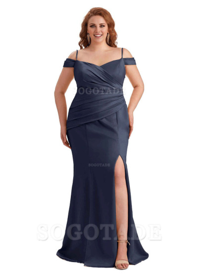 Elegant Cold Shoulder Side Slit Mermaid Soft Satin Long Plus Size Bridesmaid Gowns