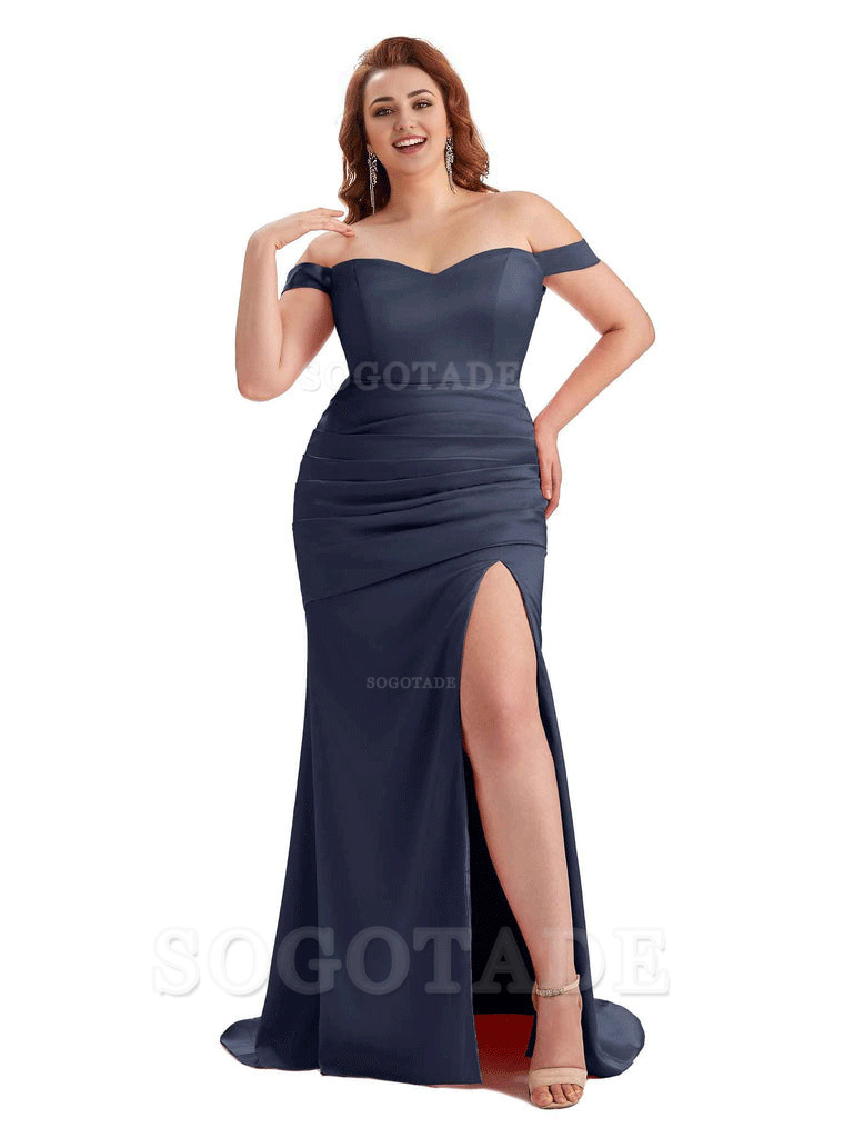 Sexy Mermaid Off The Shoulder Side Slit Soft Satin Long Plus Size Wedding Party Dresses