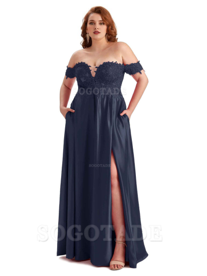 Off Shoulder Side Slit Lace Soft Satin Long Plus Size Bridesmaid Dresses For Wedding