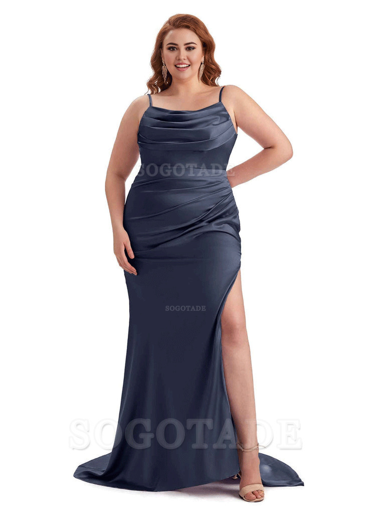 Sexy Jewel Side Slit Mermaid Soft Satin Long Plus Size Bridesmaid Dress For Wedding