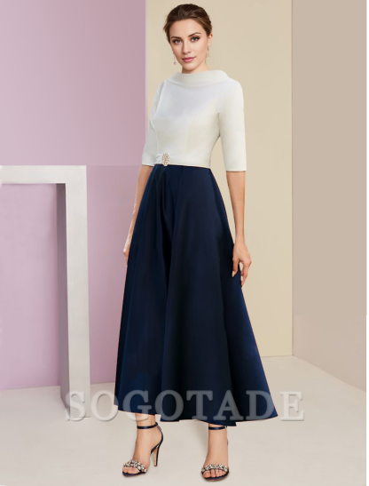 A-Line Mother of the Bride Dress Wedding Guest Elegant Vintage Jewel Neck Tea Length Charmeuse Half Sleeve with Pleats Crystals