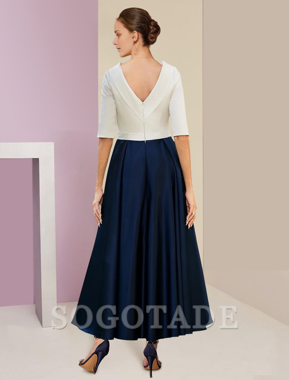 A-Line Mother of the Bride Dress Wedding Guest Elegant Vintage Jewel Neck Tea Length Charmeuse Half Sleeve with Pleats Crystals