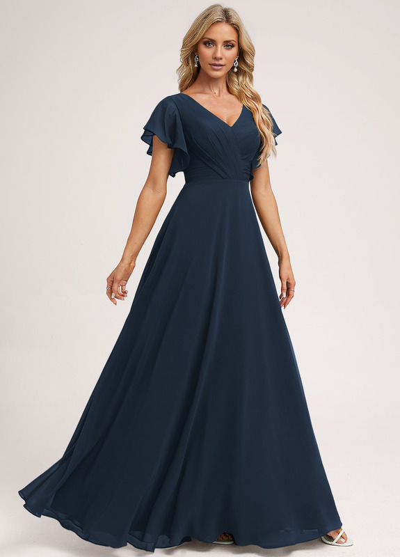 Ruffle A-line V-neck and floor chiffon bridesmaid dress