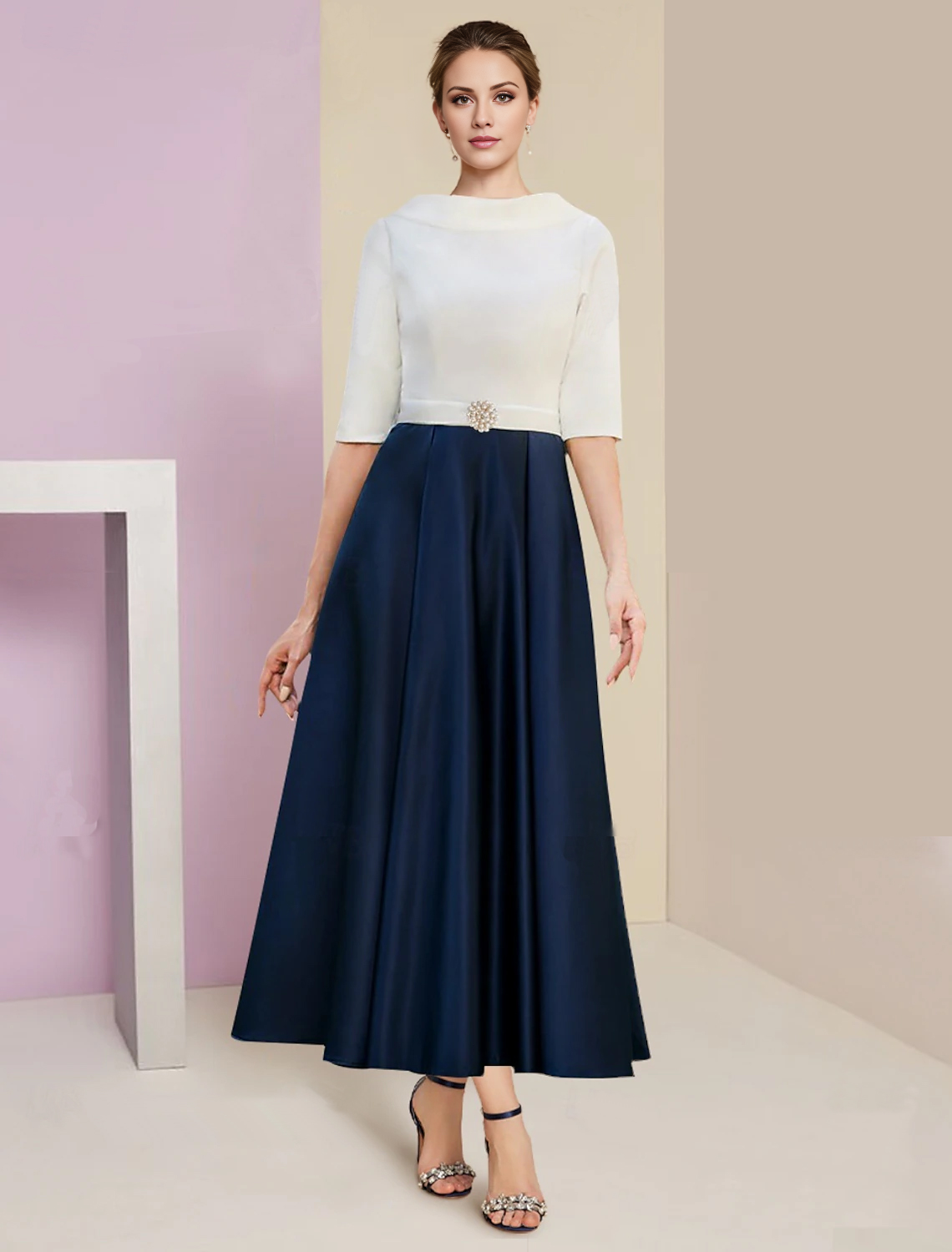 A-Line Mother of the Bride Dress Wedding Guest Elegant Vintage Jewel Neck Tea Length Charmeuse Half Sleeve with Pleats Crystals 2024——Sogotade