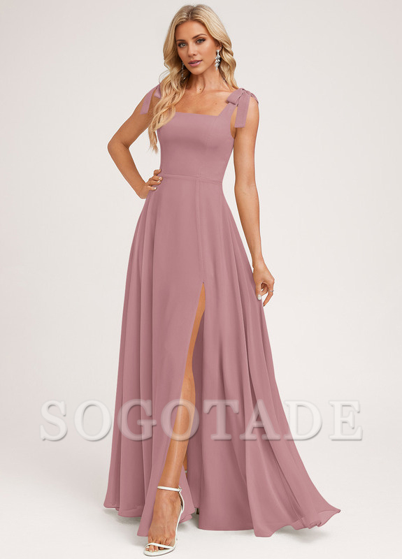 A-shaped square bow landing chiffon bridesmaid dress