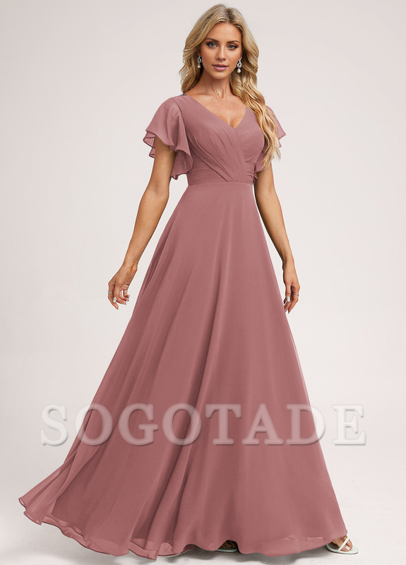 Ruffle A-line V-neck and floor chiffon bridesmaid dress