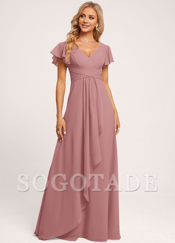 Ruffle A-line V-neck and floor chiffon bridesmaid dress