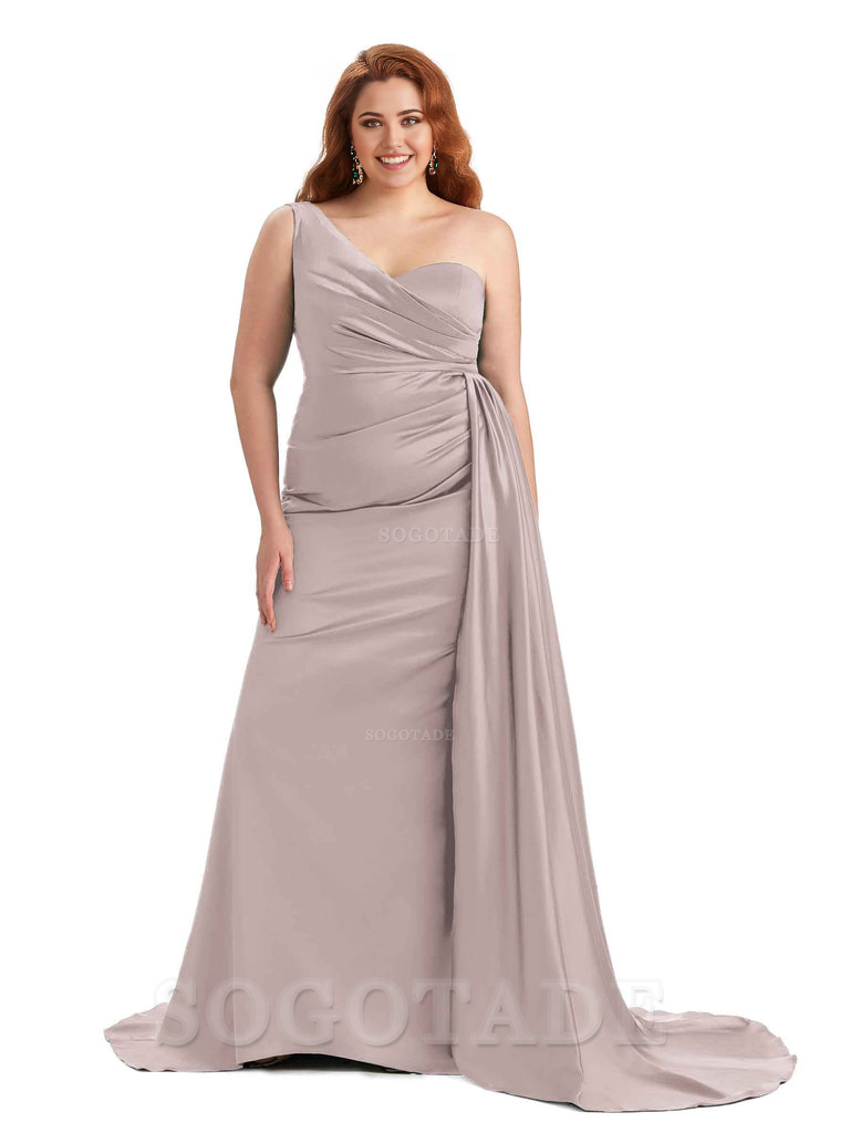 Sexy One Shoulder Sleeveless Mermaid Soft Satin Long Plus Size With Train Bridesmaid Gowns