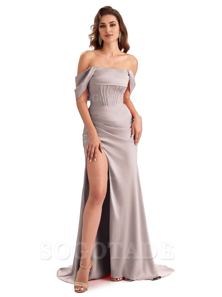 Sexy Side Slit Mermaid Soft Satin Off The Shoulder Unique Long Wedding Attendee Dresses
