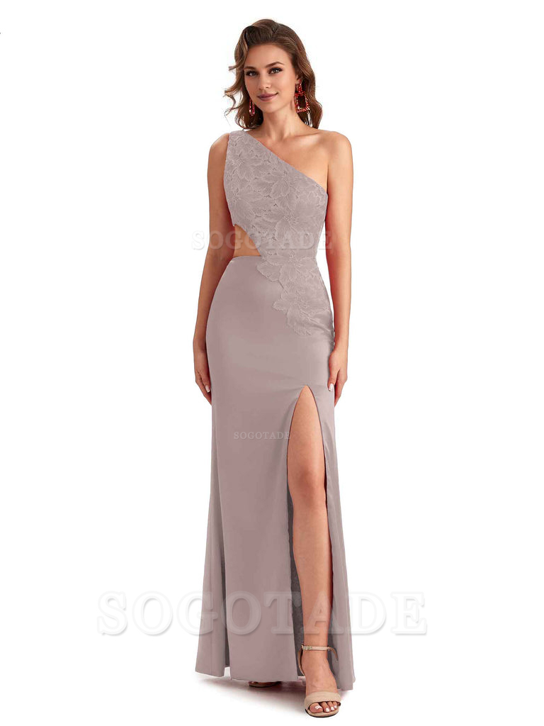 Sexy Side Slit Mermaid Lace Silky Satin One Shoulder Chic Long Bridesmaid Dresses