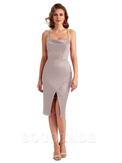 Elegant Spaghetti Straps Mermaid Soft Satin Knee Length Short Bridesmaid Dresses