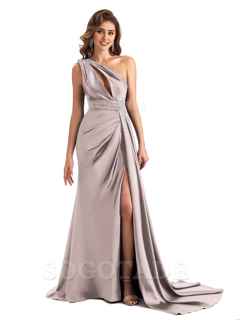 Sexy Side Slit Mermaid Soft Satin One Shoulder Lace Long Modern Bridesmaid Dresses