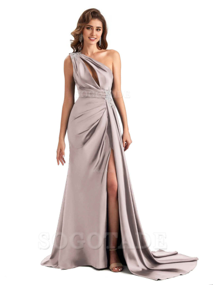 Sexy Side Slit Mermaid Soft Satin One Shoulder Lace Long Modern Bridesmaid Dresses