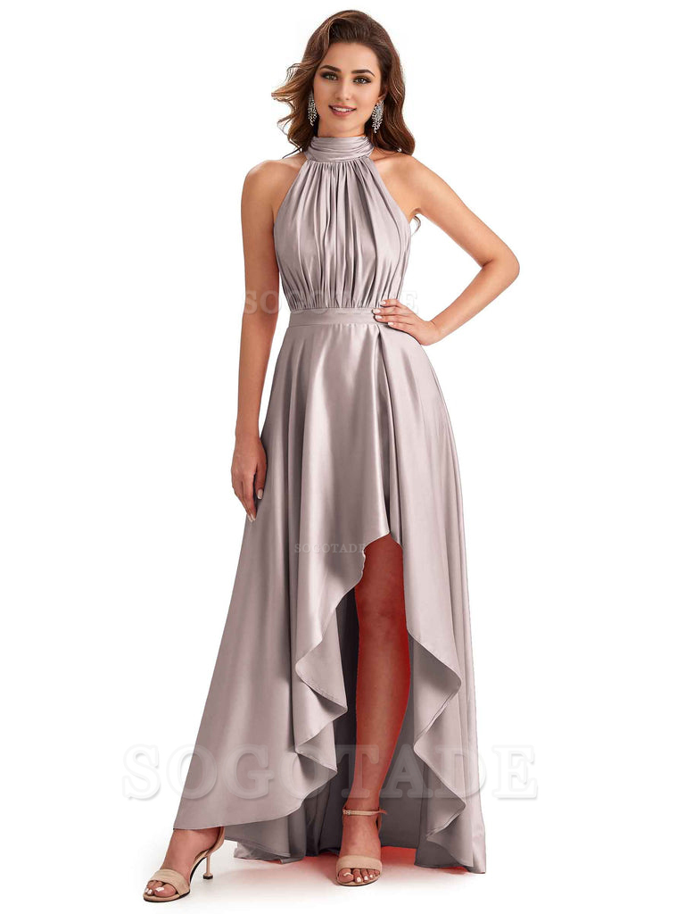 Soft Satin High Neck High Low A-Line Unique Bridesmaid Dresses Online