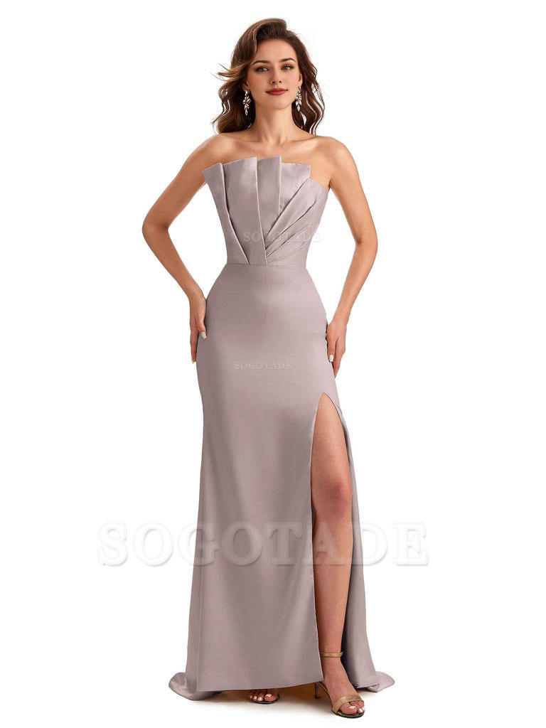Unique Soft Satin Side Slit Asymmetrical Neckline Mermaid Long Bridesmaid Dresses