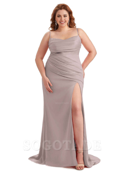 Sexy Side Slit Spaghetti Straps Mermaid Soft Satin Long Plus Size Bridesmaid Dress For Wedding