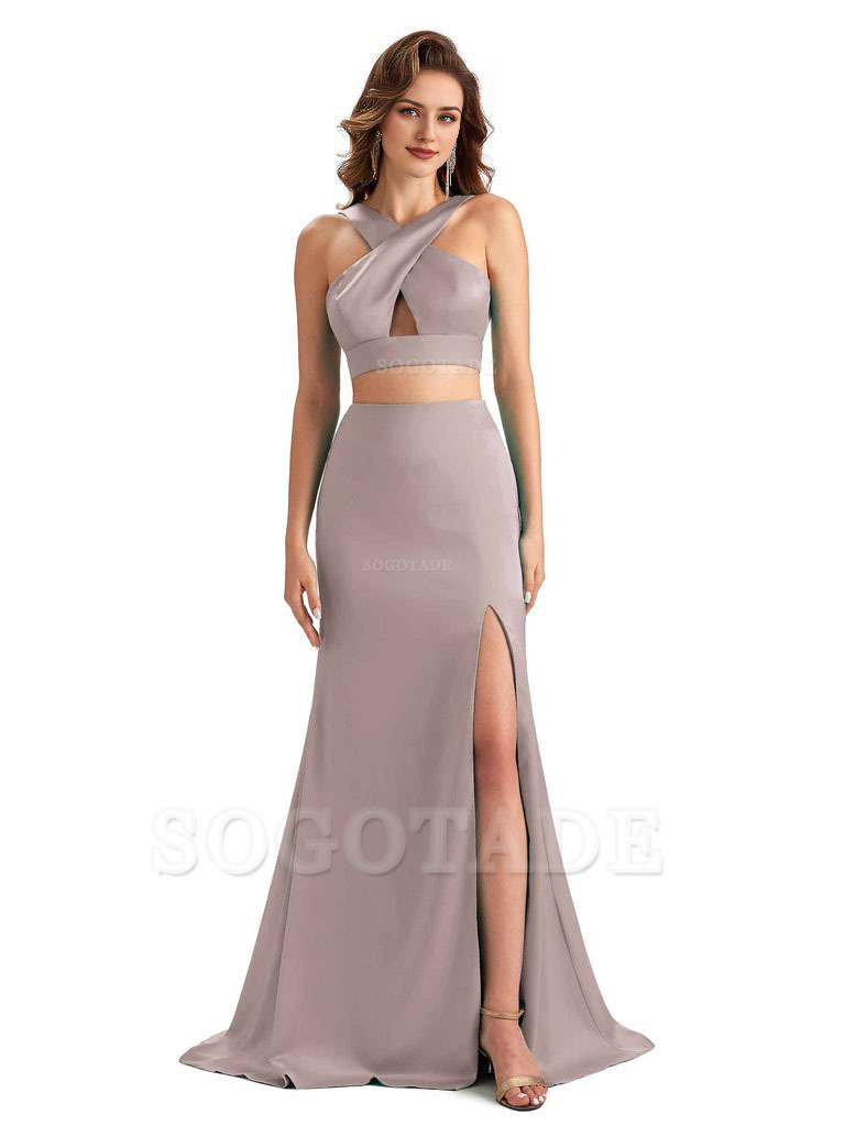 Sexy Side Slit Mermaid Silky Satin Halter Two Pieces Unique Long Bridesmaid Dresses