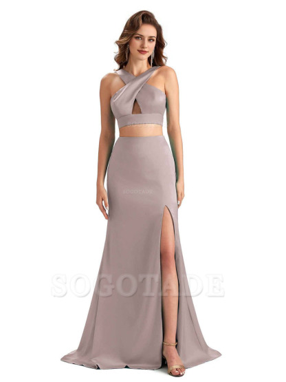 Sexy Side Slit Mermaid Silky Satin Halter Two Pieces Unique Long Bridesmaid Dresses