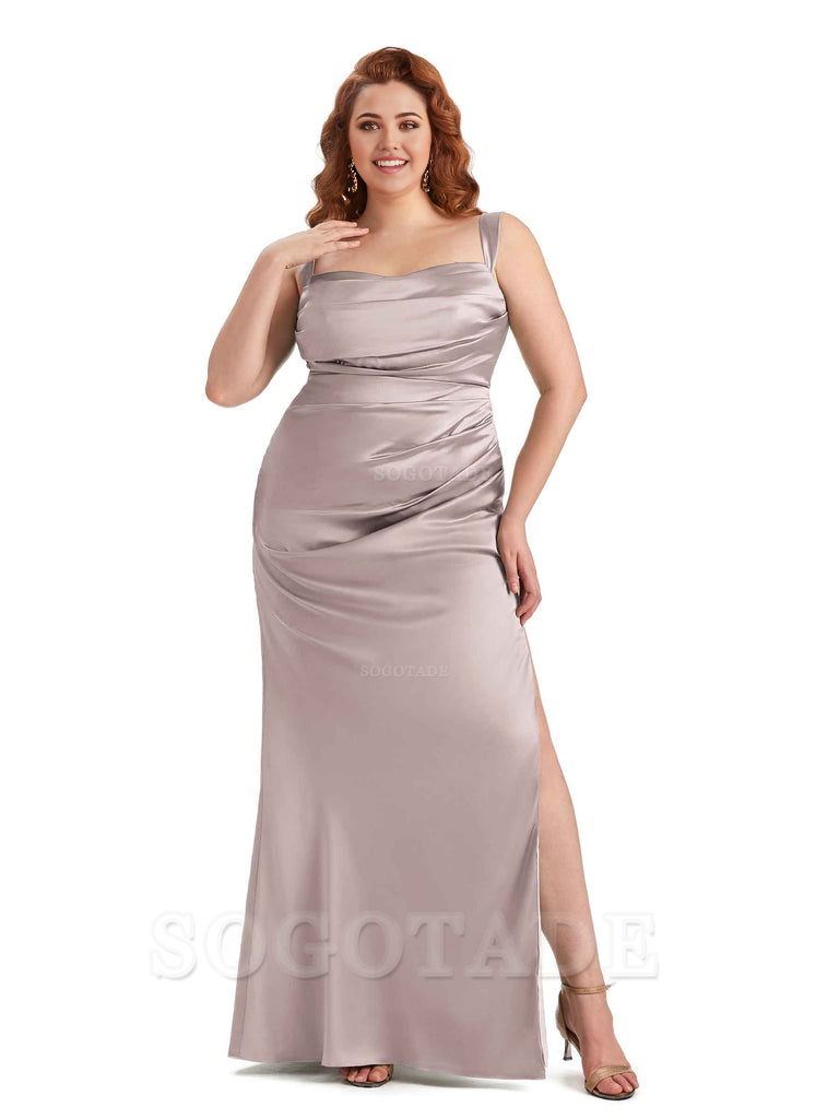 Sexy Side Slit Mermaid Wide Straps Soft Satin Long Plus Size Maid of Bridesmaid Dresses