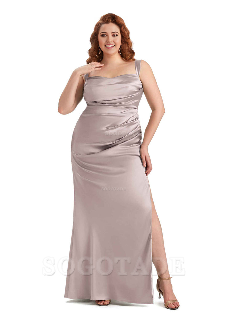 Sexy Side Slit Mermaid Wide Straps Soft Satin Long Plus Size Maid of Bridesmaid Dresses