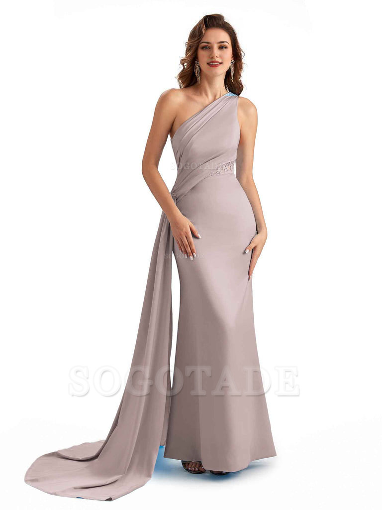 Sexy Mermaid Silky Satin One Shoulder Lace See Through Long Bridesmaid Dresses Online