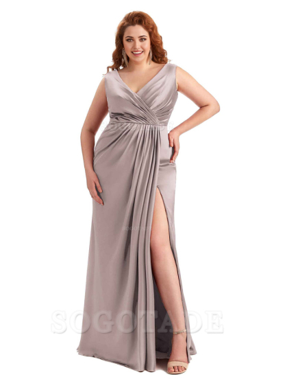 Mermaid V-Neck Satin formal dresses evening gown Bridesmaid Dresses With Side Slit 