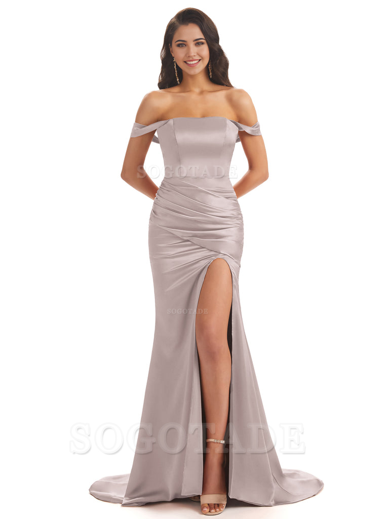 Mermaid Off Shoulder Floor-Length Satin formal dresses evening gown Bridesmaid Dresses With Side Slit 
