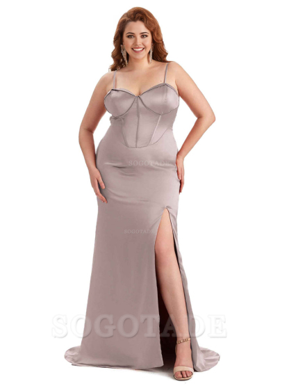 Sexy Spaghetti Straps Side Slit Sleeveless Mermaid Soft Satin Long Bridesmaid Dress Plus Size Dress To Wear to a Wedding
