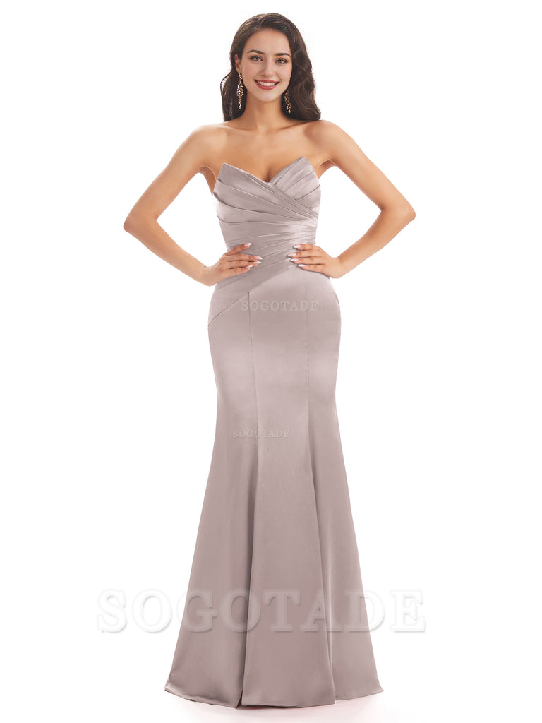 Simple Strapless Sweetheart Soft Satin Mermaid Long Bridesmaid Dresses prom shop dresses