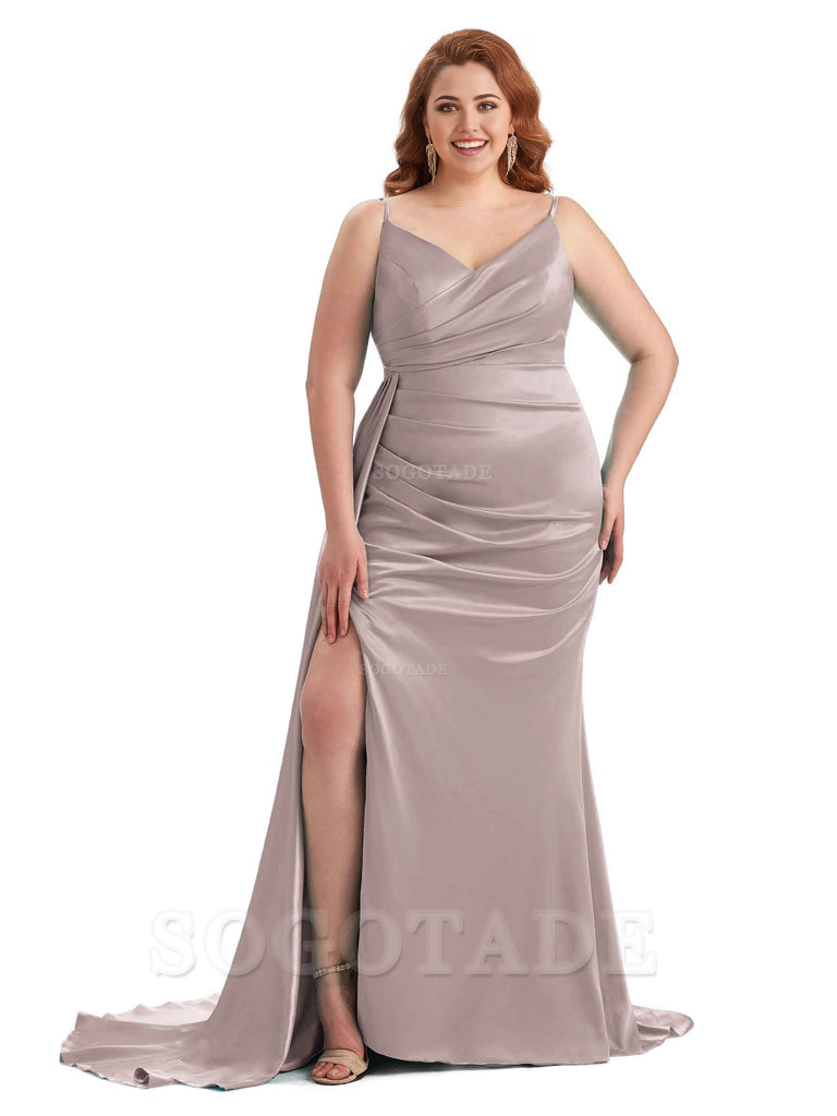 Sexy Side Slit Mermaid Spaghetti Straps V Neck Soft Satin Long Plus Size Maid of Honor Dresses 