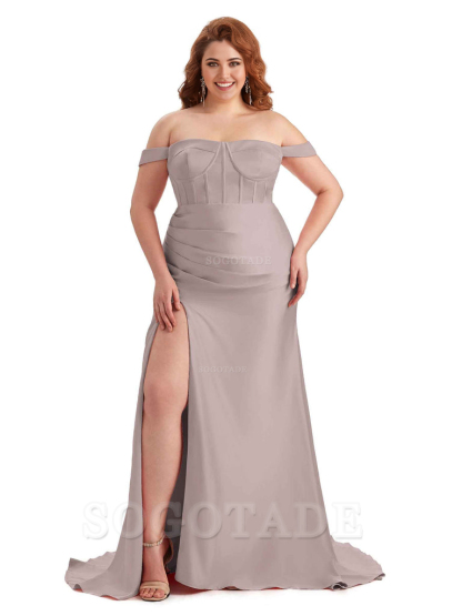 Elegant Off The Shoulder Side Slit Mermaid Soft Satin Floor Length Long Plus Size Bridesmaid Gowns