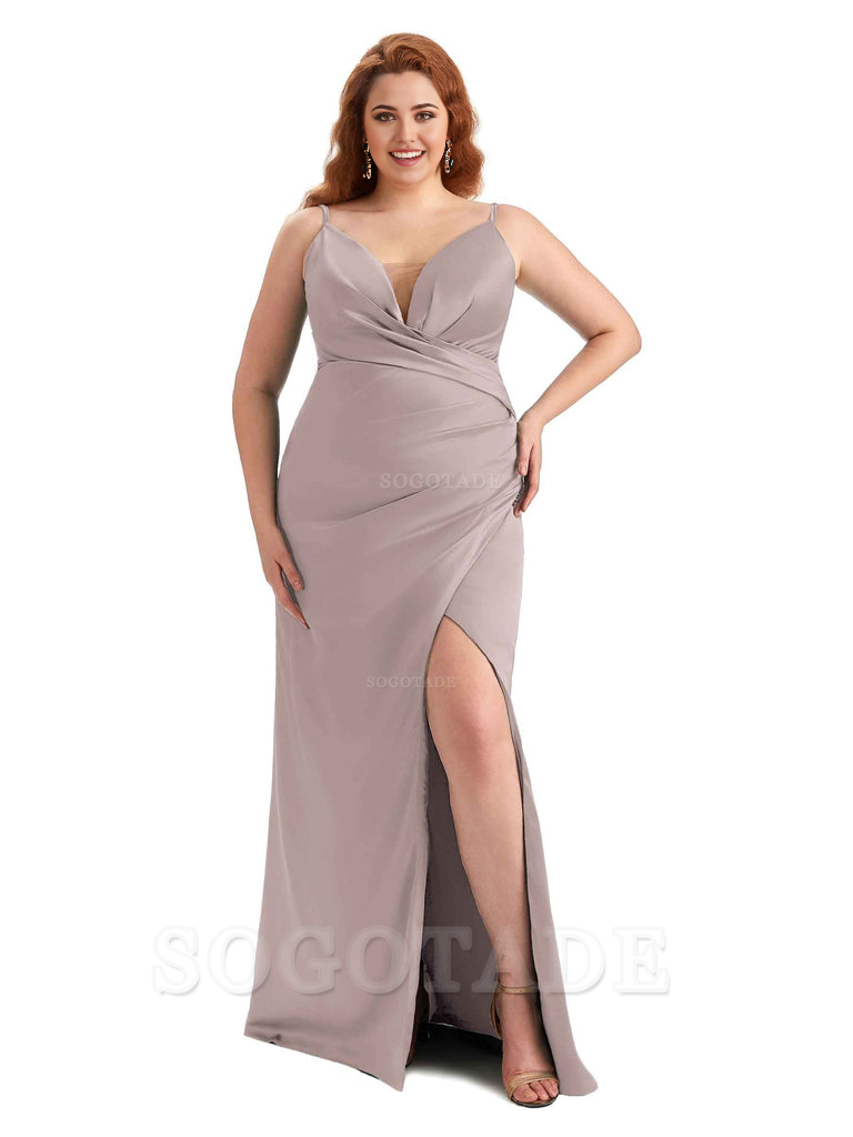 Sexy Side Slit Spaghetti Straps Sleeveless Mermaid V-neck Soft Satin Long Plus Size Bridesmaid Dress For Wedding