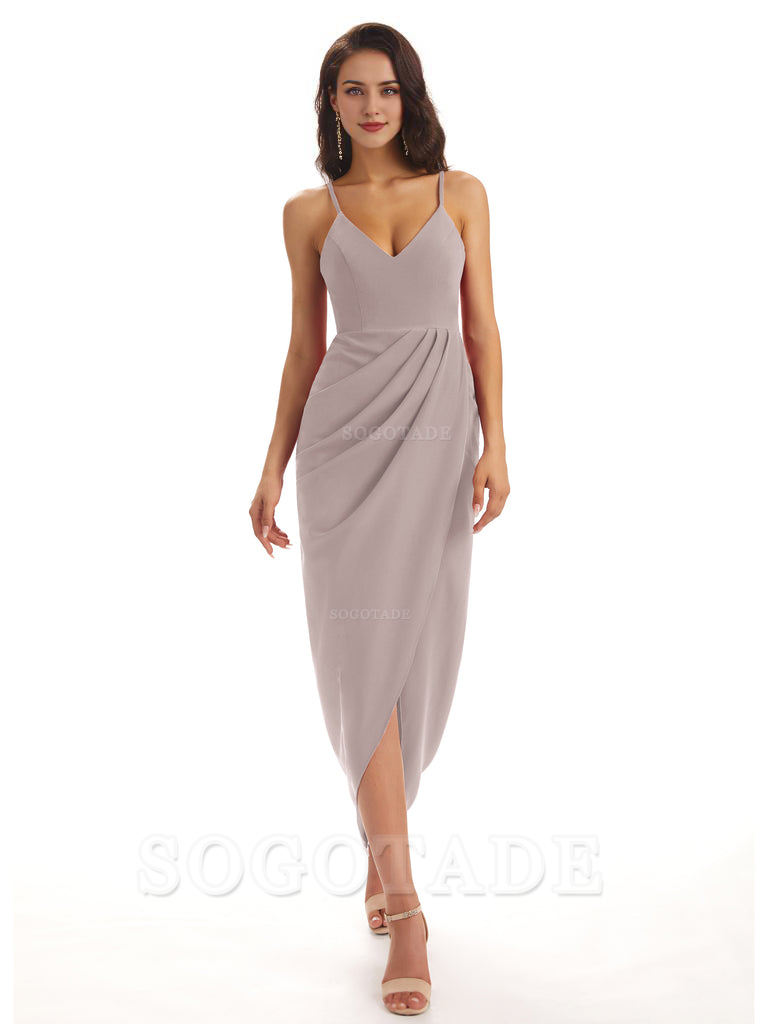 Simple Soft Satin Spaghetti Straps Mermaid Midi Bridesmaid Dresses prom shop dresses