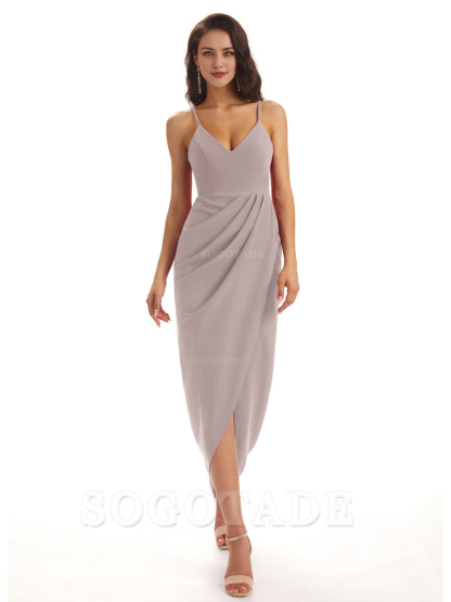 Simple Soft Satin Spaghetti Straps Mermaid Midi Bridesmaid Dresses prom shop dresses