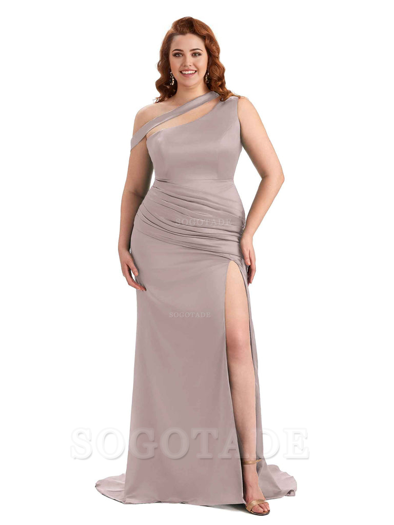 Sexy Mermaid Sleeveless One Shoulder Side Slit Soft Satin Long Plus Size Bridesmaid Dress