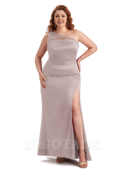 Sexy Mermaid Sleeveless One Shoulder Side Slit Soft Satin Long Plus Size Bridesmaid Dress For Wedding