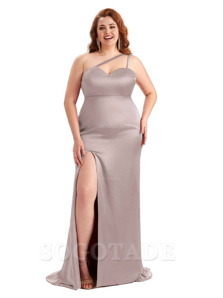 Sexy Side Slit Sleeveless Mermaid One Shoulder Soft Satin Long Plus Size Bridesmaid Dress For Wedding
