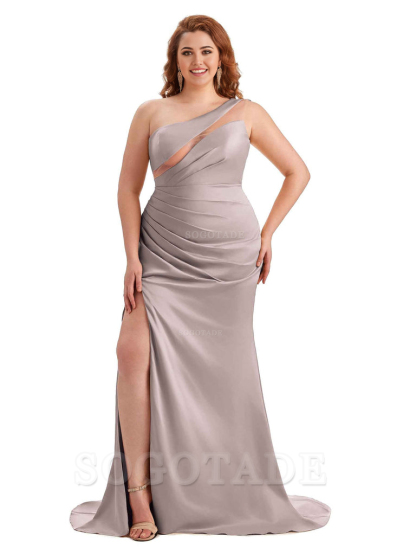 Sexy Unique Sleeveless One Shoulder Side Hight Slit Mermaid Soft Satin Long Plus Size Maid of Honour Dresses