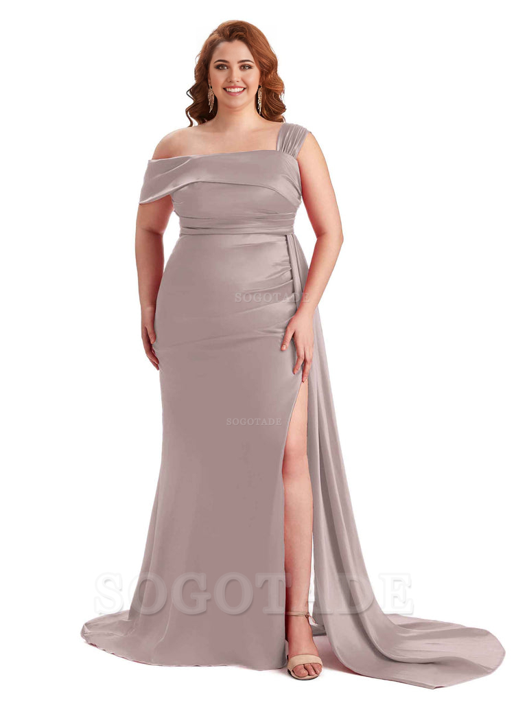 Sexy Side Hight Slit One Shoulder Mermaid Soft Satin Long Plus Size With Train Matron of Honor Dresses
