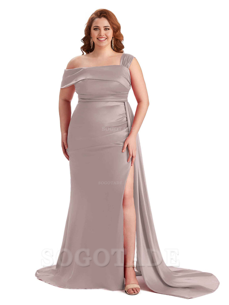 Sexy Side Hight Slit One Shoulder Mermaid Soft Satin Long Plus Size With Train Matron of Honor Dresses